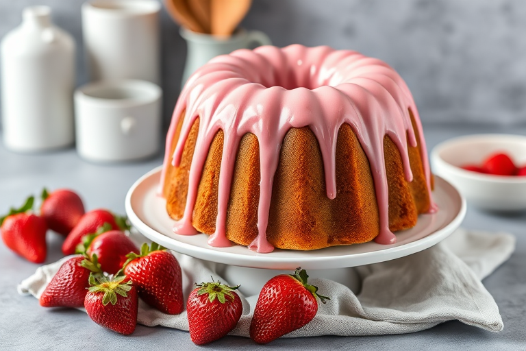 A beautifully decorated pink bundt cake with a glossy icing dripping down the sides placed on a white plate with a light gray cloth underneath fresh strawberries on the side and a blurred background of kitchen items and a gray backdrop
