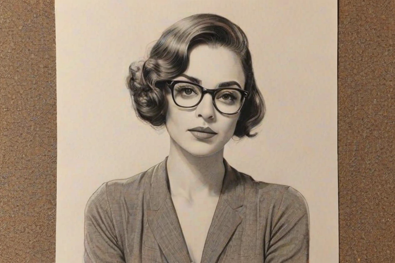 Dazzling Danielle Peazer, pencil sketch, portrait of Ravishing woman 1932s in glasses, hair style beatnik, outline, clear lines, fine lines, 8k