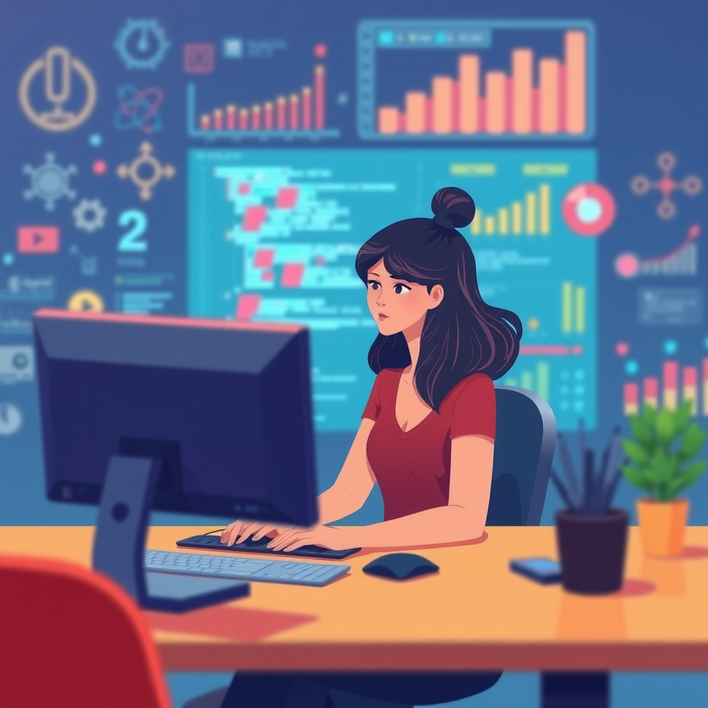 A digital illustration of a woman sitting at a desk working on a computer with programming code on the screen, colorful background with tech-related icons and charts, shot in high resolution with a soft focus effect, using a DSLR camera with a 50mm lens at f/1.8, ISO 100, and a slight vignette to enhance depth.