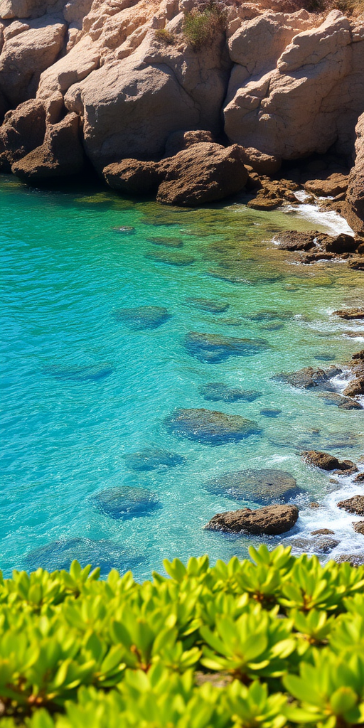 capture a serene coastal scene showcasing clear turquoise water gently lapping against a rocky shoreline, with vibrant green vegetation in the foreground, aperture at f/8, ISO 100, shutter speed 1/250s, wide-angle lens view, DSLR camera, natural lighting