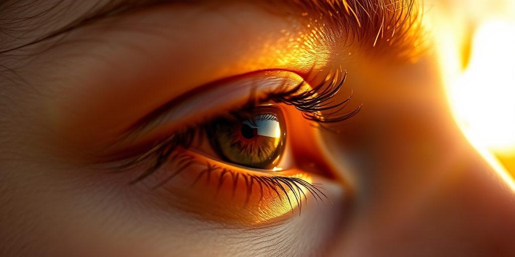 Close-up shot of a person's eye with eyelashes softly illuminated by warm sunlight, capturing the texture of the skin, using a DSLR camera, aperture f/2.8, ISO 100, shutter speed 1/200s, soft focus background, golden hour lighting, high dynamic range.