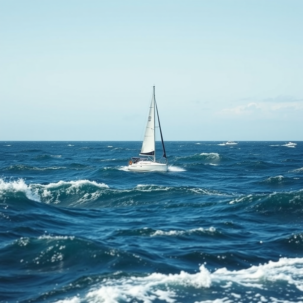 sailboat on ocean during daytime with large waves, captured with a DSLR camera at f/8 aperture, 1/250 shutter speed, ISO 100, using a wide-angle lens to enhance depth, in a vibrant color palette for clarity and detail