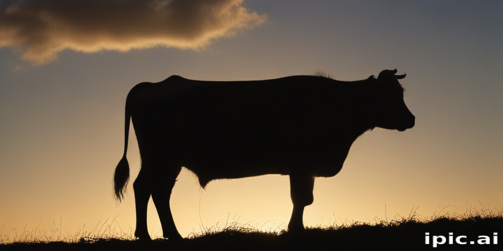 A Serene Evening Landscape Featuring a Silhouetted Cow Against a Sunset.