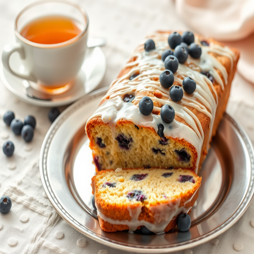 A moist blueberry loaf cake sliced on a silver plate with a light glaze on top accompanied by a cup of orange tea in the background and a textured linen tablecloth