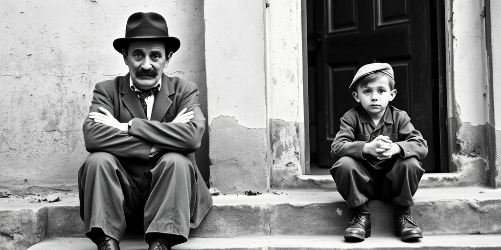 A black-and-white photograph of a man and a child sitting on steps in front of a doorway. The man is dressed as a tramp with a bowler hat, mustache, and ragged clothes, reminiscent of Charlie Chaplin's iconic look. He is sitting with his arms crossed and an expression of slight sadness or frustration. Next to him is a young boy, also in worn clothes and a cap, sitting with his hands clasped, looking thoughtful. The background is an old, textured wall and a partially open door, creating a vintage, early 20th-century atmosphere.