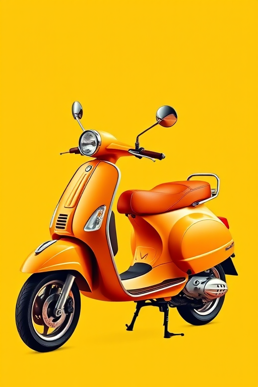 Create a vibrant illustration of a vintage scooter with an orange seat against a bold yellow background, using a DSLR camera with a 50mm lens at f/2.8 to achieve a shallow depth of field, capturing a slight angle to emphasize the scooter's curves, with high contrast and vivid colors for a striking effect.