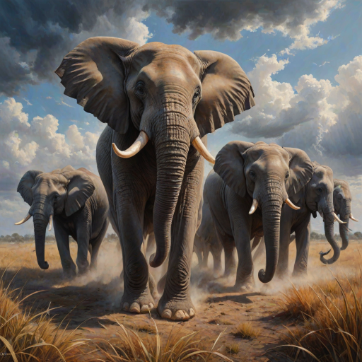 vivid colourful hyper-realistic Oil Painting. a charging group of many large angry elephants. A huge dominating bull elephant leads with huge white tusks ears. Includes a  baby elephant.  Lots of swirling dust whirling around them rising high and being kicked by their feet. Dark dramatic blue-grey fills the sky with warm breaking through. Colourful oil painting style. dry grass on the ground on each side. dark soft graduated band across top of picture. Warm colour. Art Look added in Topaz.