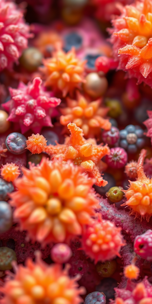 macro photograph of colorful microorganisms with intricate textures and organic shapes, shallow depth of field, aperture f/2.8, ISO 100, 50mm lens, soft diffused lighting, taken with a high-resolution DSLR camera