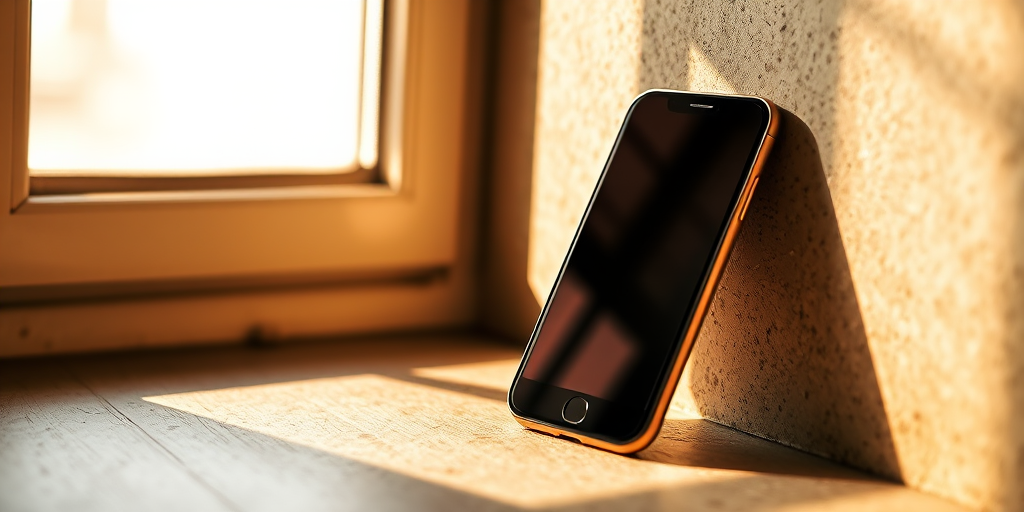 Generate an image of a smartphone leaning against a textured surface with sunlight casting shadows from a window, shot with a 50mm lens at f/1.8, ISO 200, and a warm color palette, capturing a soft focus background with a rich interplay of light and shadow.