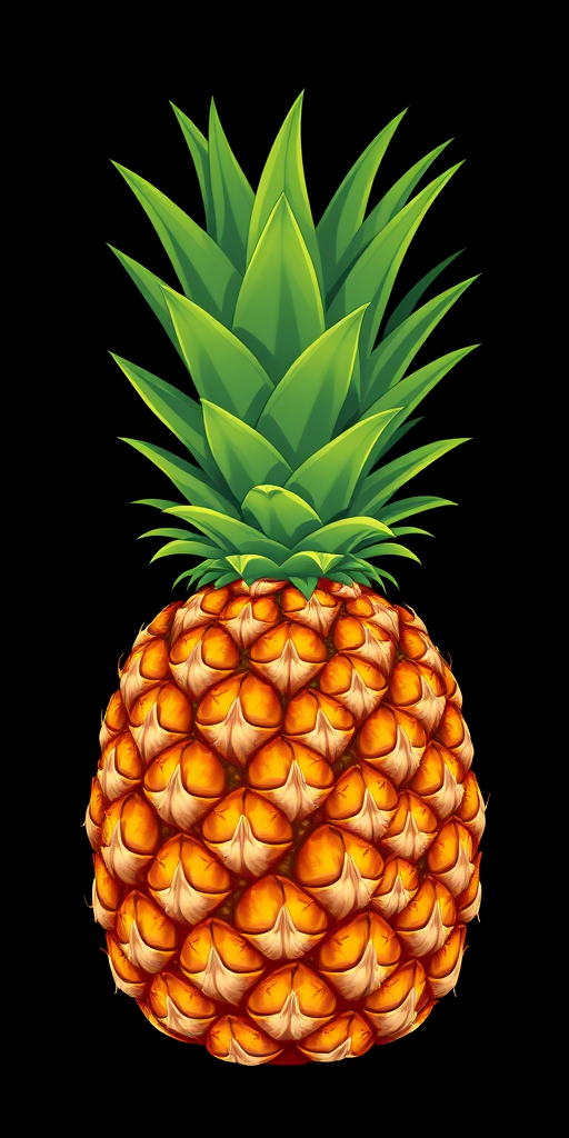 Create a vibrant illustration of a pineapple on a solid black background, using a digital art style with high contrast colors; focus on a clean, detailed representation of the pineapple's textures and patterns; simulate a high-resolution camera settings of f/2.8 aperture, 50mm lens, and ISO 100 for sharpness and clarity.