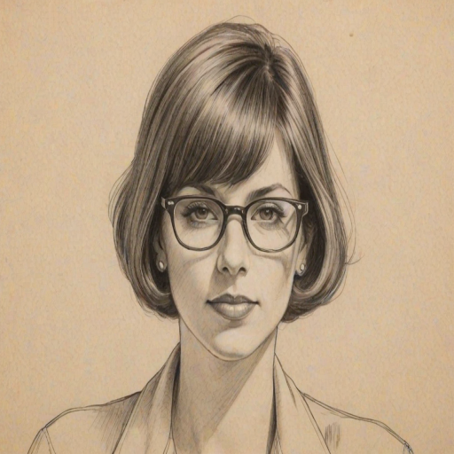 Delightful Diane Warren, pencil sketch, portrait of Charming woman 1934s in glasses, hair style beatnik, outline, clear lines, fine lines, 8k