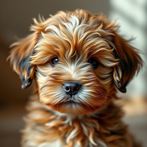 fluffy puppy portrait with soft lighting, f/1.8 aperture, 50mm lens, ISO 100, shallow depth of field, natural light, DSLR camera, close-up view