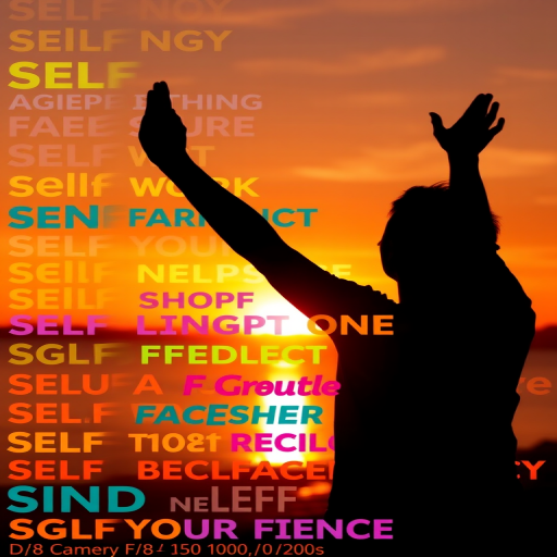 Create an artistic silhouette of a person with arms raised against a vibrant sunset background filled with colorful text reflecting themes of self-acceptance and mindfulness, captured with a DSLR camera at f/8, ISO 100, 1/200s, with a wide-angle lens for a panoramic view.