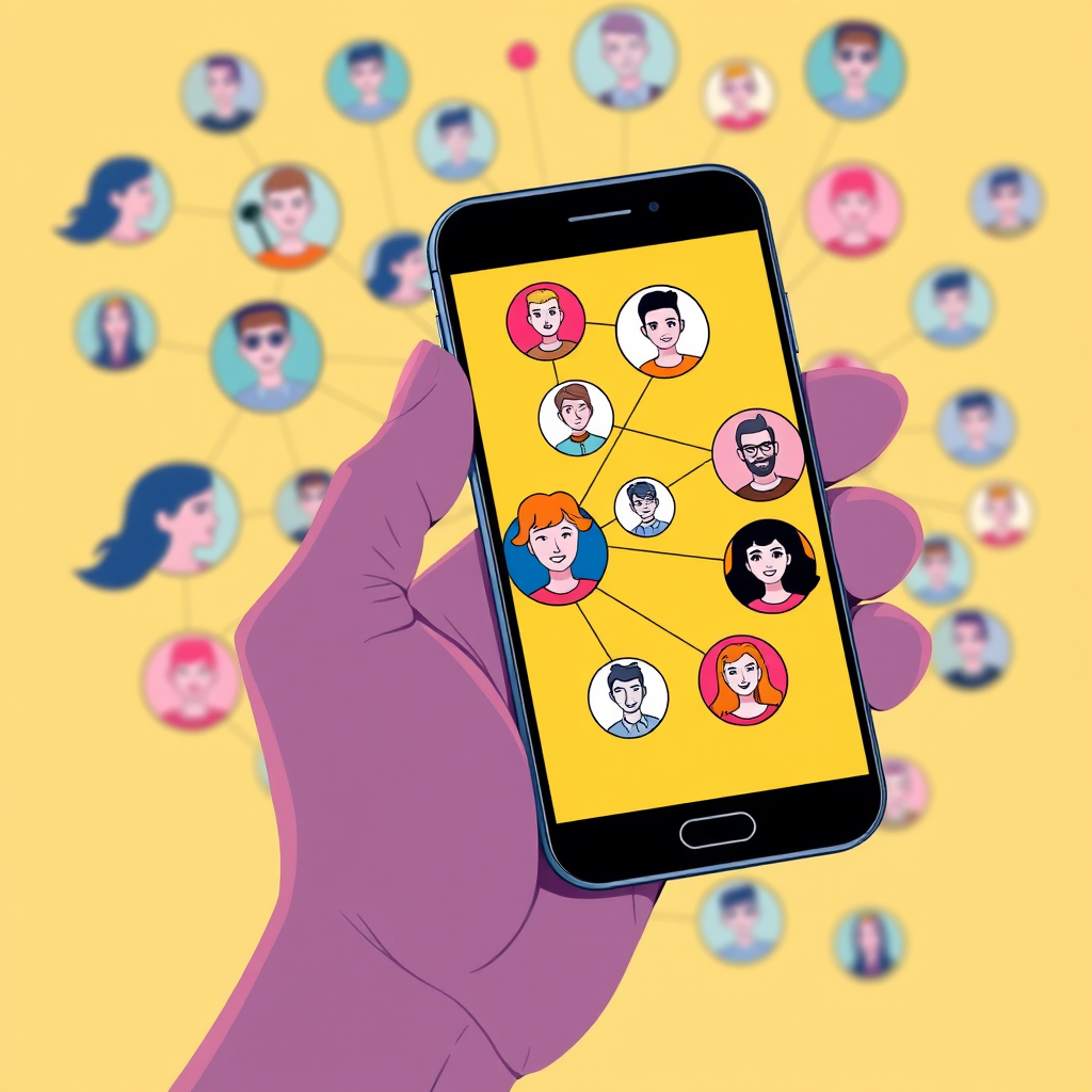 Create a vibrant illustration depicting a hand holding a smartphone with a network of diverse user avatars connected by lines in a bright yellow background, using a Canon EOS R5 with a 24-70mm f/2.8 lens, aperture set to f/4, ISO 100, and a focal length of 50mm for enhanced clarity and depth.