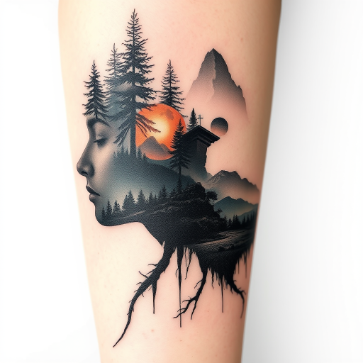 Surrealist double exposure tattoo named "Dreamscape Duality" blending two distinct images into a single cohesive design natural landscapes morph into human profiles creating a haunting and thought-provoking visual narrative fine line work and subtle gradients achieve a dreamlike quality that challenges perception