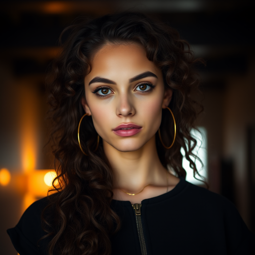 A young woman with long, curly brown hair is looking directly at the viewer. She is wearing a black top with a zipper down the front. The setting is a dimly lit interior space, with a warm, golden light emanating from the background. Her expression is neutral, with a hint of seriousness. The image is a close-up portrait with a shallow depth of field, focusing on the woman's face and torso. The background is blurred, creating a soft and intimate atmosphere.  She is wearing large gold hoop earrings, and a small gold chain is visible around her neck.  Her makeup is natural and simple, highlighting her brown eyes. The lighting creates subtle shadows that accentuate her features.  Her skin is smooth and glows in the soft light. The composition is balanced, with the woman's face positioned in the center of the frame.  The image is focused on capturing her beauty and confidence.