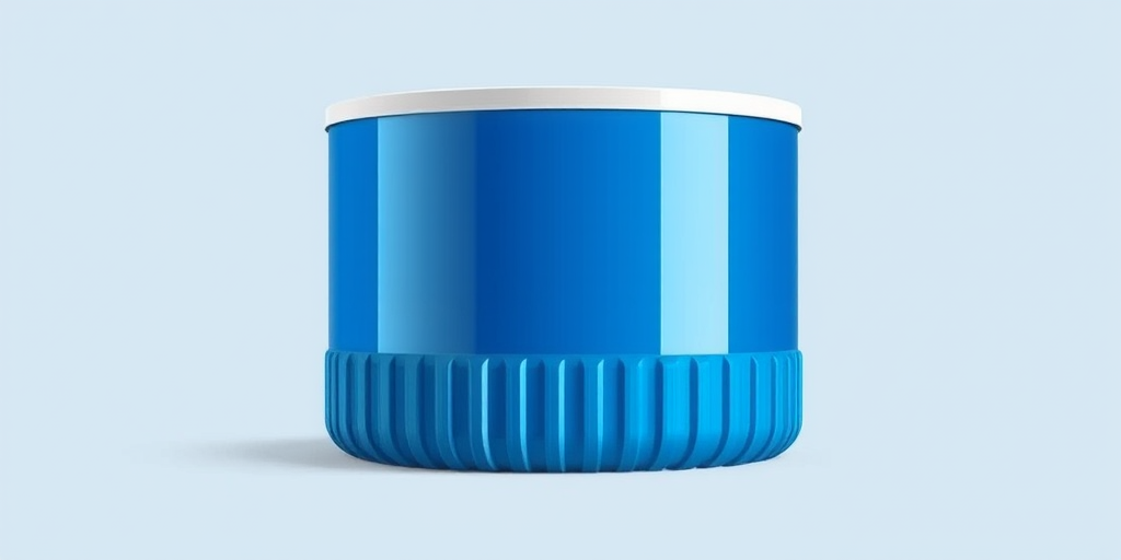 create a digital illustration of a blue cylindrical container with a white top and a ridged base, use a Canon EOS R5 with a 50mm lens at f/1.8, ISO 100, and a balanced soft light setup to enhance colors and details.
