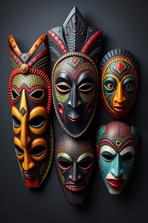 Create a high-resolution image of five unique tribal masks, with vibrant colors and intricate patterns, using a DSLR camera with a 50mm lens at f/1.8, ISO 100, and 1/200s shutter speed, in a well-lit studio setting for enhanced clarity and detail.
