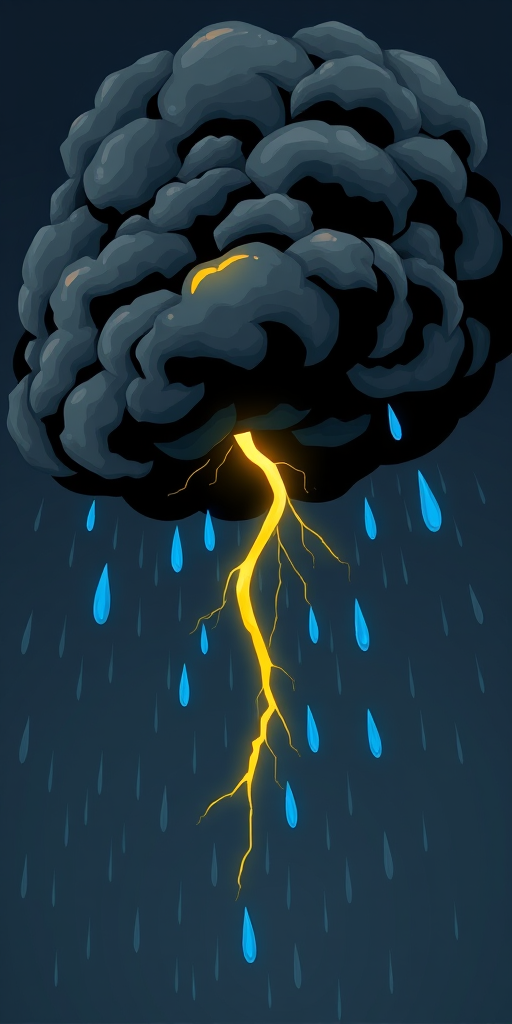 Create a high-resolution vector illustration of a dark storm cloud with a bright yellow lightning bolt striking downward, accompanied by blue raindrops, captured from a slightly tilted, dynamic angle, using a digital camera with a wide aperture of f/2.8, ISO 100, and a shutter speed of 1/125s for enhanced clarity and vibrancy.