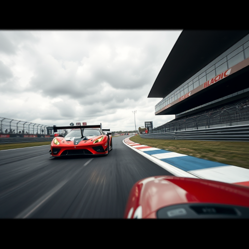 Capture an image of a racing car on a track during a dynamic race scene, using a DSLR camera with a 24-70mm lens, aperture set to f/2.8, shutter speed at 1/1000s, ISO 200, shot at a low angle for a dramatic perspective, in overcast lighting conditions to enhance the mood.