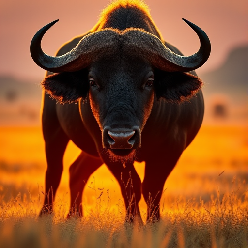 create a detailed illustration of a buffalo standing majestically in a grassland during sunset, using a DSLR camera with a 50mm lens, aperture set to f/1.8 for a blurred background, ISO 100 for clarity, and a soft golden hour light for enhanced colors and shadows, shot from a low angle to emphasize size and presence, with a focus on fur texture and natural surroundings