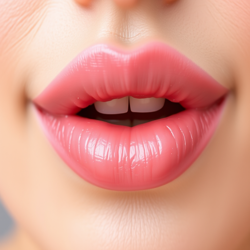 Delicate rose petal lips with a dewy finish, appearing soft and kissable, with a subtle pink hue that complements various skin tones
