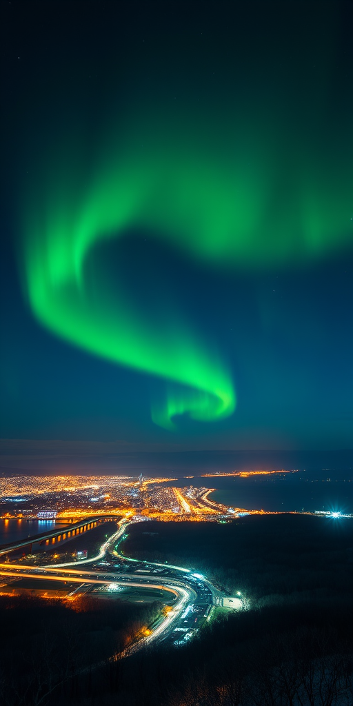 capture the northern lights over a cityscape at night with a wide-angle lens, f/2.8, ISO 800, 15-second exposure, shooting in RAW mode with a tripod for stability, emphasizing vibrant greens against a dark sky
