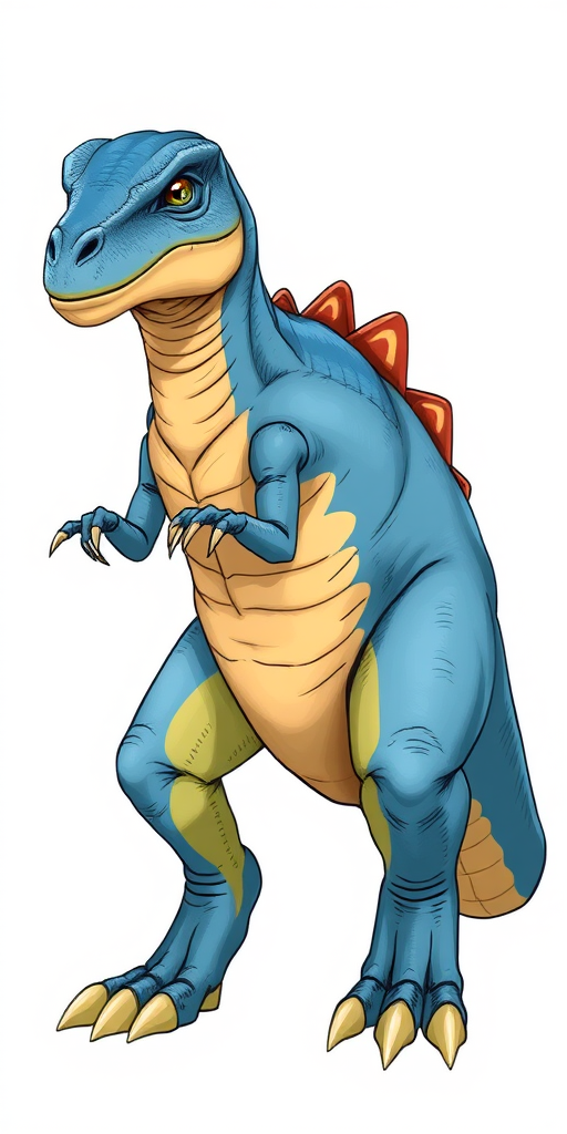 draw a detailed illustration of a dinosaur-like creature with blue and yellow coloration, standing in a dynamic pose, with a clean background, using a high-resolution digital canvas, 300 DPI settings, in a 3/4 front view, with soft lighting to enhance texture and detail.