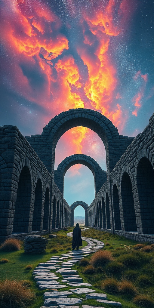 Create a high-resolution fantasy landscape featuring ancient stone arches under a cosmic sky with vibrant colors, dramatic lighting, and a lone figure in a cloak standing on a winding path, captured with a Canon EOS 5D Mark IV, 24mm lens, f/11 aperture, 1/125 sec shutter speed, ISO 100, HDR style.