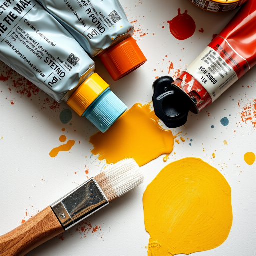 high-detail illustration of a painter's tools featuring opened paint tubes and a brush, top-down view, studio lighting, ISO 100, aperture f/8, shutter speed 1/60, DSLR camera, sharp focus on textures and colors
