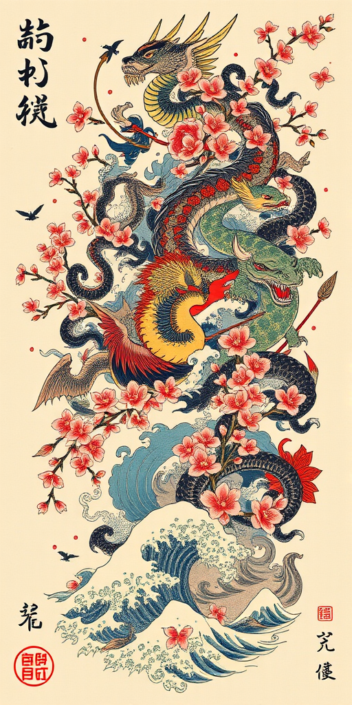 Japanese irezumi tattoo called "Legends of the East" featuring a full-body design of mythical creatures, cherry blossoms, and crashing waves, revered for its traditional symbolism and harmonious composition