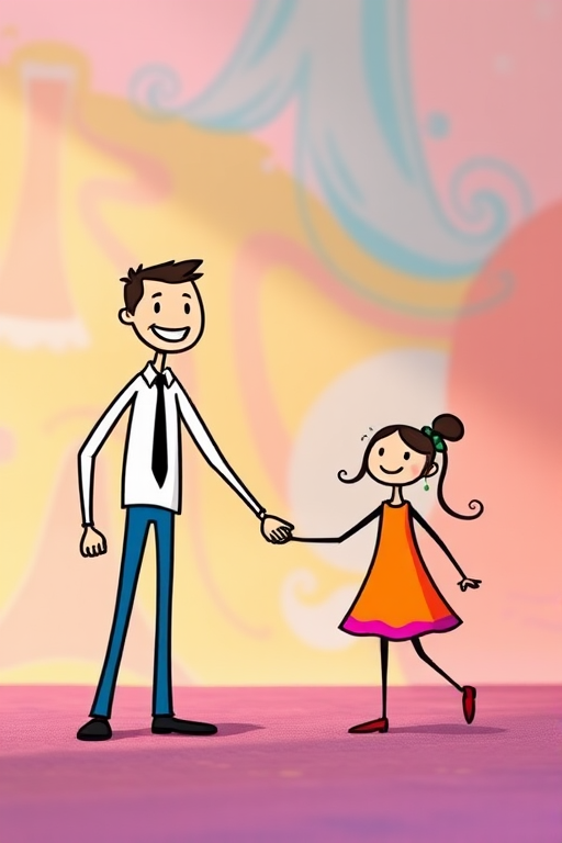 Create a vibrant cartoon-style illustration of a tall, happy stick figure man holding hands with a cheerful stick figure girl, using a colorful background that enhances the characters, shot in a 50mm lens with f/2.8 aperture, soft focus on the background, bright natural lighting.