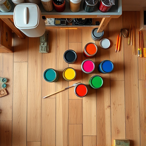 Capture an overhead view of an artist's workspace with various jars of paint in vibrant colors arranged on a clean wooden floor, using a DSLR camera with a 50mm lens, aperture set to f/2.8 for shallow depth of field, ISO 200 for low noise, and natural lighting for soft shadows.