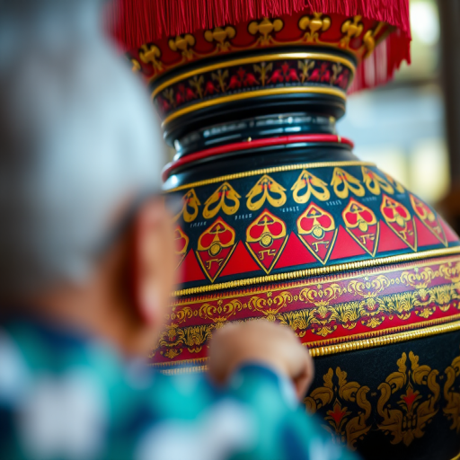 Capture a close-up of a traditional gamelan instrument with vibrant red and gold detailing, featuring a blurred subject in the foreground, using a Canon EOS 5D Mark IV, aperture f/2.8, ISO 100, shutter speed 1/250s, natural lighting, shallow depth of field.
