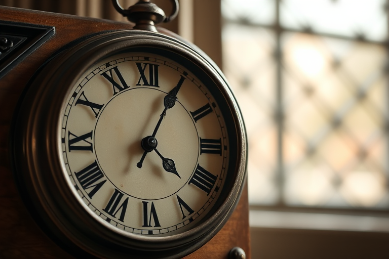 Regenerate an image of a round vintage clock with Roman numerals, shallow depth of field, using a DSLR camera with a 50mm lens, aperture set to f/1.8, ISO 100, and a soft natural light setup.