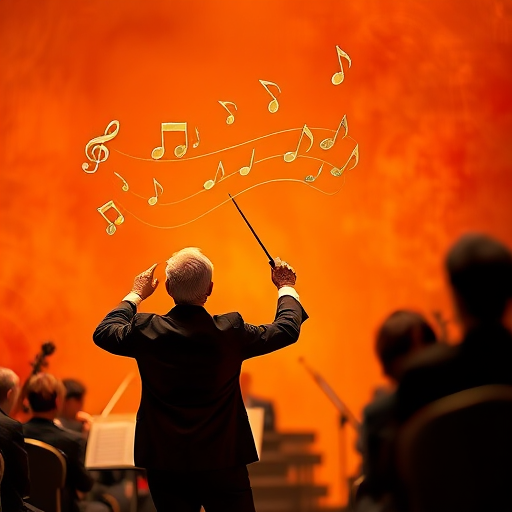 Create an image of a conductor leading an orchestra with musical notes flowing from a conductor's baton on a textured orange background, shot with a Canon EOS R5, 50mm lens at f/1.8, ISO 100, in soft focus for a dreamy effect.