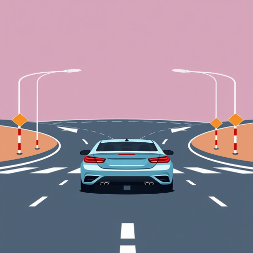 Create a high-quality vector graphic of a car approaching a curved intersection with bold directional arrows, using a wide-angle lens with an aperture of f/8, ISO 100, and a shutter speed of 1/125s, in a flat design style, with a 2D perspective.