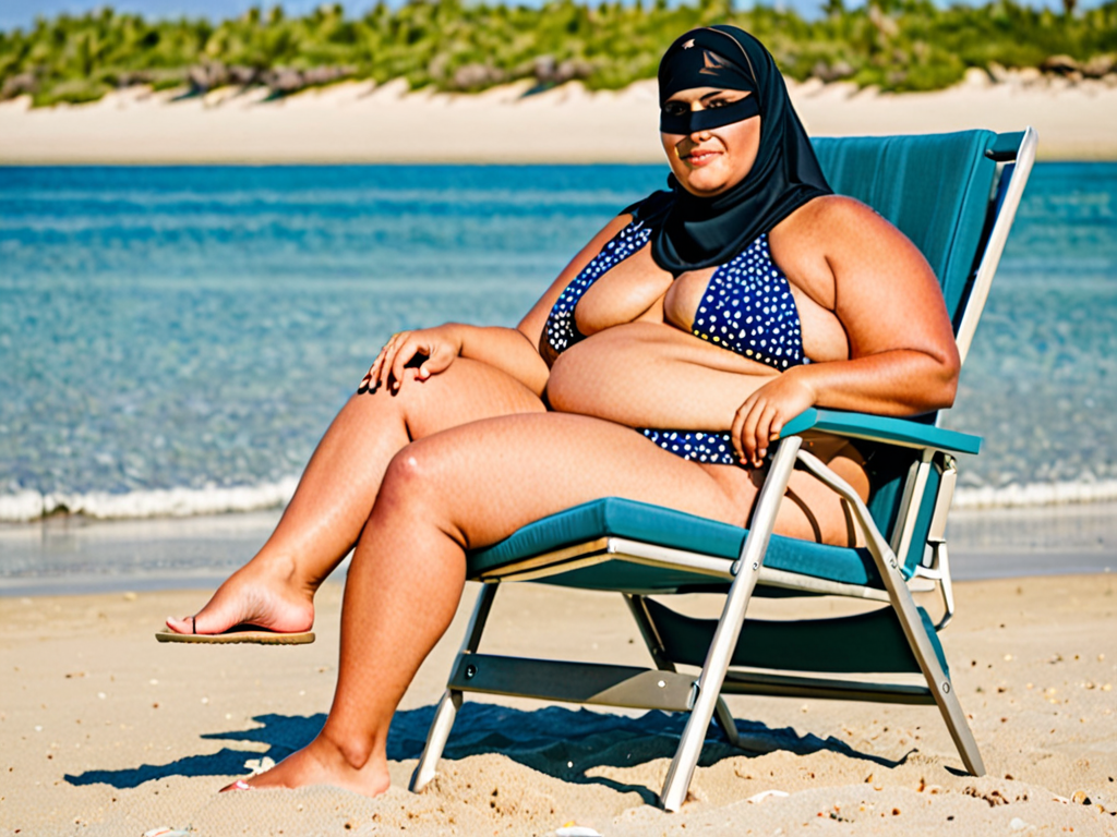 Free Ai Image Generator - High Quality and 100% Unique Images -  —  An Obese immobile woman wearing a Niqab, and a bikini, and flip flops  sandals sitting on a chair