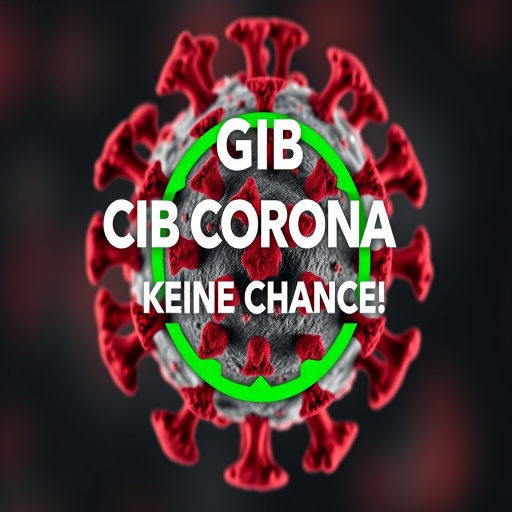 Create a vibrant graphic representation of a coronavirus symbol with the text "GIB CORONA KEINE CHANCE!" in bold white letters, featuring a green circular design, using a Canon EOS R5 camera with a 50mm f/1.2 lens, aperture set to f/2.8, ISO 200, and a soft focus background for heightened visual impact.