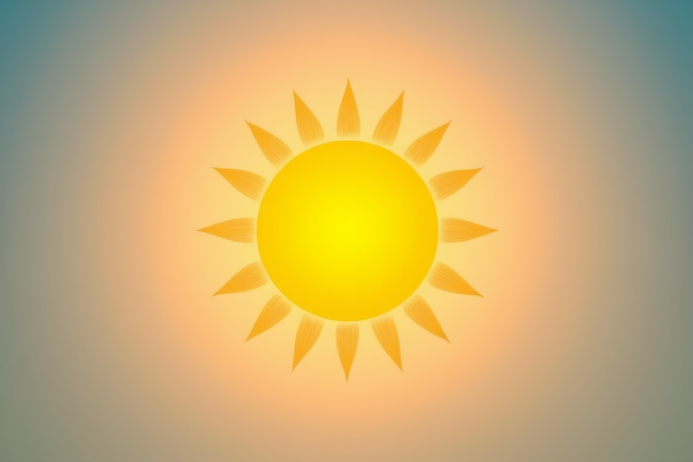 Generate a bright yellow sun against a gradient blue sky background, shot with a DSLR camera at f/8 aperture, 1/250 sec shutter speed, ISO 100, using a wide-angle lens for a vivid and crisp image.