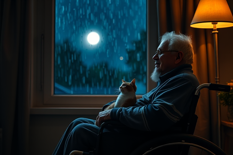 A senior man in a wheelchair sits with a cat on his lap, illuminated by soft light from a nearby lamp, gazing out a rain-drenched window at the moonlit night, with a cozy interior ambiance; use a DSLR camera with a 50mm lens at f/1.8, ISO 400, shutter speed 1/60 sec, in low-light photography style.