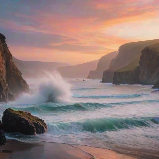 Soft-focus image of a dramatic coastal landscape with waves crashing against cliffs, soft mist rising from the sea, and a colorful sunset painting the sky in the background.
