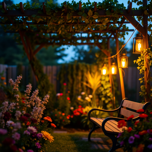 Soft-focus image of a garden at twilight, with soft golden light from hanging lanterns illuminating colorful flowers and a wooden bench under a vine-covered trellis.