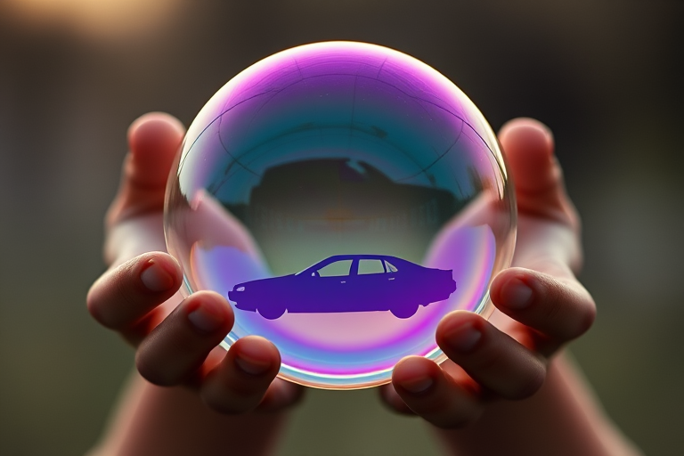 Create an image of an iridescent bubble being held by two hands, featuring a silhouette of a car inside the bubble, shot with a Canon EOS R5, 50mm lens, f/1.8 aperture, ISO 100, using a shallow depth of field and soft focus background for enhanced image quality.