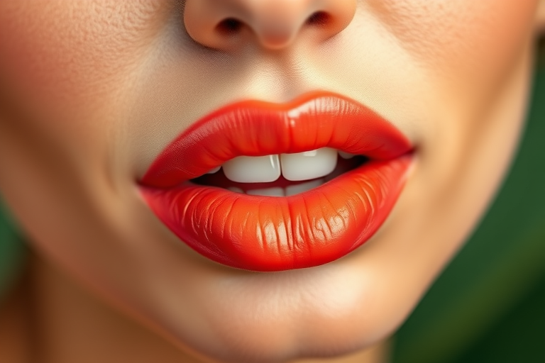 Luscious coral lips with a satin finish, exuding warmth and vitality, perfect for a tropical-inspired makeup look or summer aesthetic