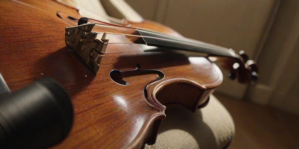 Sharp, detailed close-up of a violin resting on a chair, soft light reflecting off the wood grain, a bow lying beside it, the smell of polished wood and rosin filling the air, sunlight streaming through a nearby window.