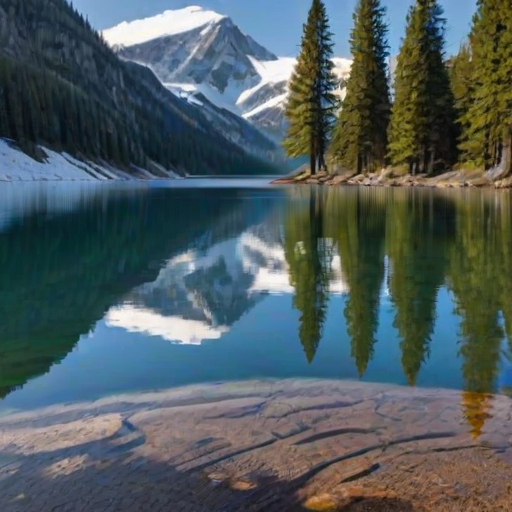 Sharp, high-resolution photo of a pristine mountain lake, the surface of the water mirror-like, reflecting the snow-capped peaks and clear blue sky, tall pine trees lining the shore, soft ripples in the water from a gentle breeze.