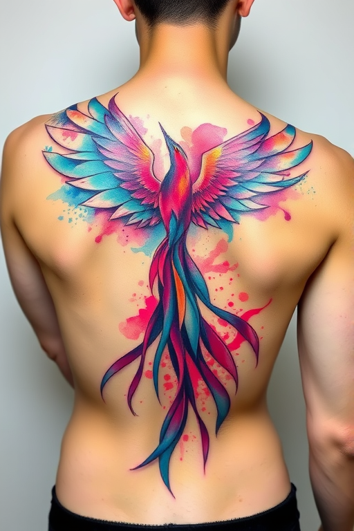 Vibrant watercolor phoenix tattoo design with iridescent feathers and flowing brushstrokes, incorporating shades of turquoise and magenta, emblazoned across the upper back in a sweeping arc