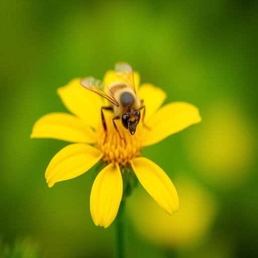 macro shot of a bee on a yellow flower with a soft green background, aperture f/2.8, shutter speed 1/500 sec, ISO 100, 100mm lens, shallow depth of field, soft focus, natural lighting