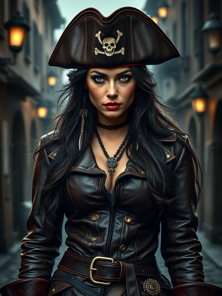 Create a portrait of a fierce female pirate. She wears a leather tricorn hat adorned with a skull and crossbones emblem, and her long, dark hair flows around her face. Her outfit consists of a richly detailed leather jacket, a corset, and multiple layers of belts and accessories, giving her a formidable and stylish appearance. She stands confidently in a dimly lit, historic port town, with a backdrop of weathered buildings and cobblestone streets, capturing the adventurous spirit of a pirate.